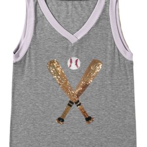Women's Gray Sequined Baseball Bat Graphic Casual Tank Top - Summer V Neck - Main View