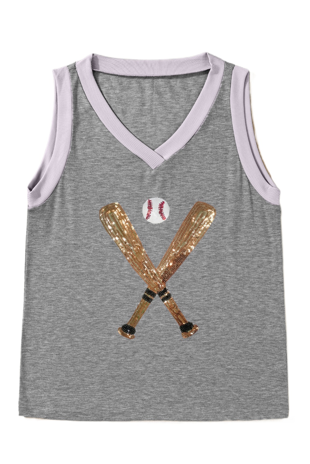 Women's Gray Sequined Baseball Bat Graphic Casual Tank Top - Summer V Neck - Main View