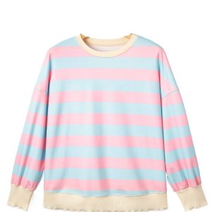 Plus Size Sky Blue Stripe Drop Shoulder Crewneck Sweatshirt for Women - Main View