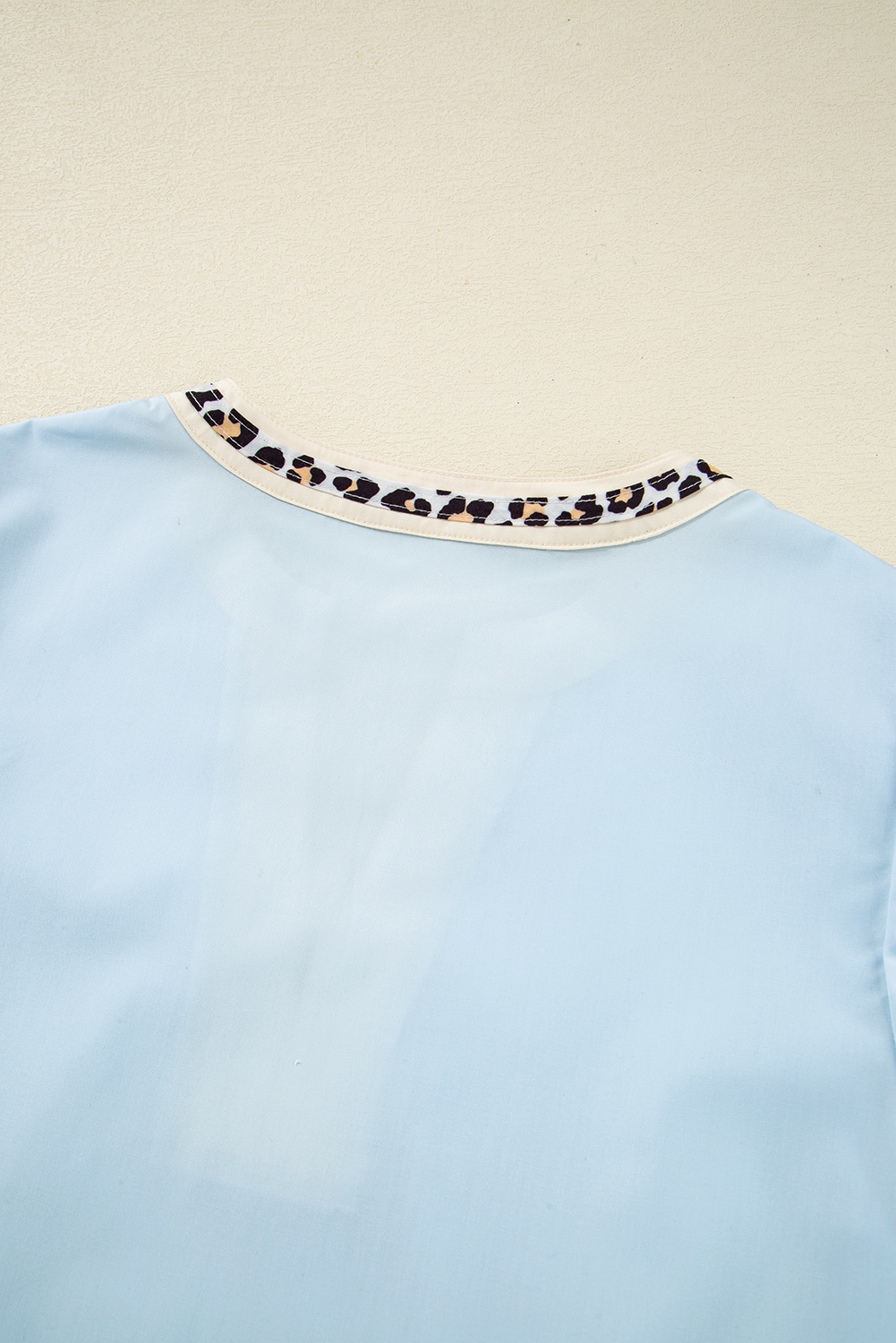 Women's Blouse, Beau Blue, Puff Sleeve, Contrast Leopard Trim, Split Neck, Summer Fashion, Comfortable, Stylish, Cotton Blend, Daily Wear, Country Style, Shift Silhouette, V Neck, Unique Design, Tops & Shirts - Detail View 12