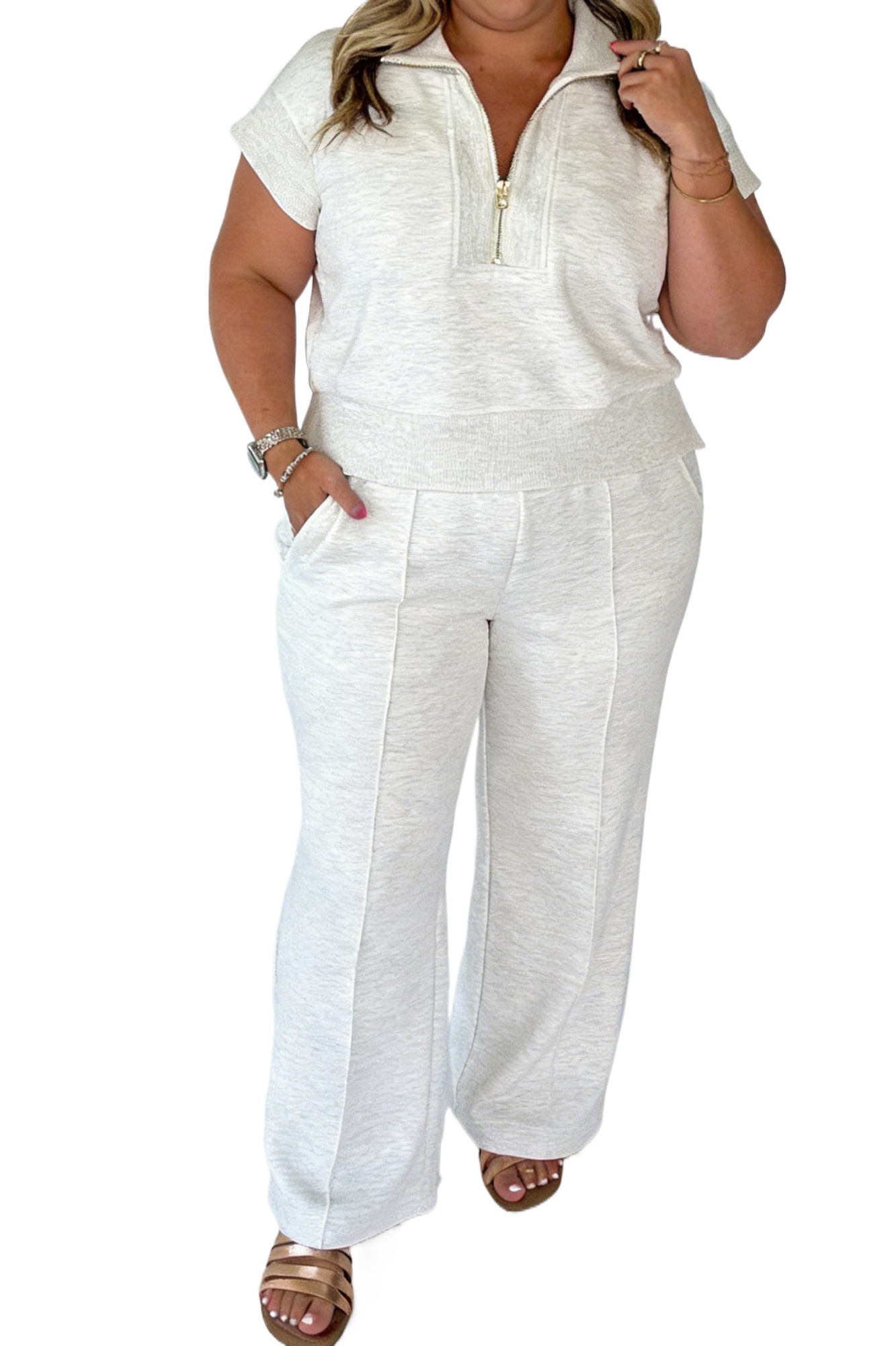 Women's 2-Piece Half-Zip Polo and Pants Set – Light Grey Casual Summer Outfit - Main View
