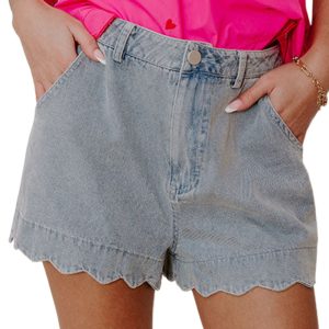 Women's Dusk Blue High Waist Denim Shorts with Scalloped Hemline - Acid Wash - Main View