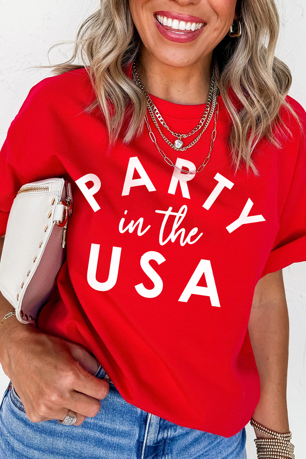 Patriotic Red Graphic Tee: PARTY in the USA Print for Fourth of July Celebrations - Detail View 2