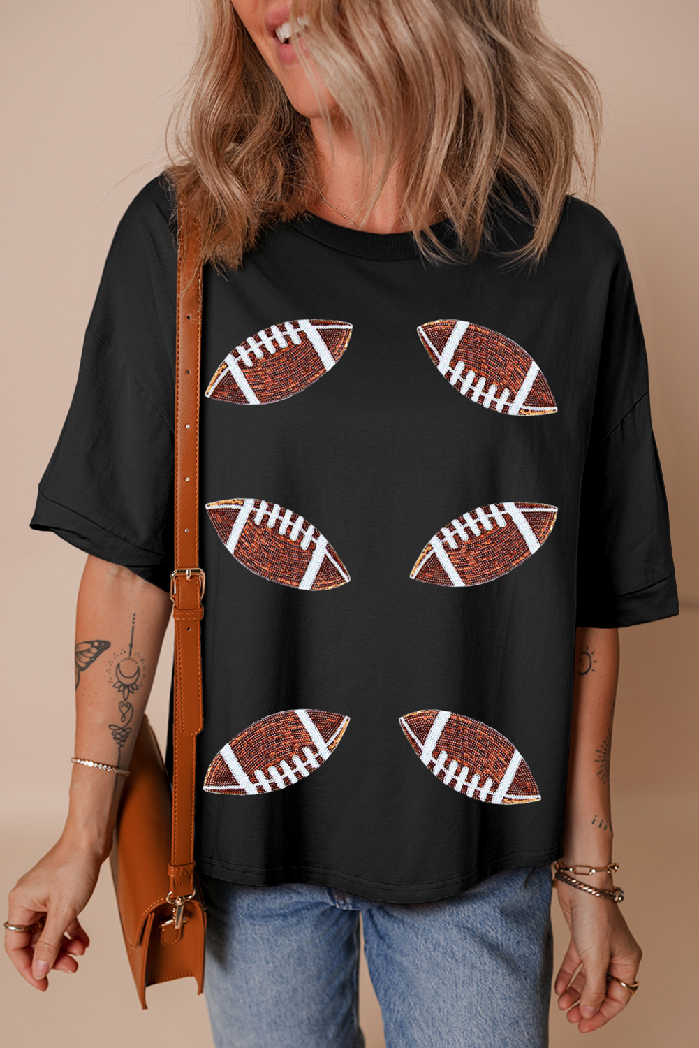Women's Black Sequin Rugby Football Patched Crewneck Loose T-Shirt - Detail View 5