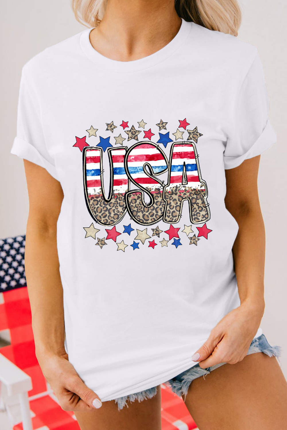 Trendy Casual White Tee with USA Graphic and Leopard Print Design - Detail View 2