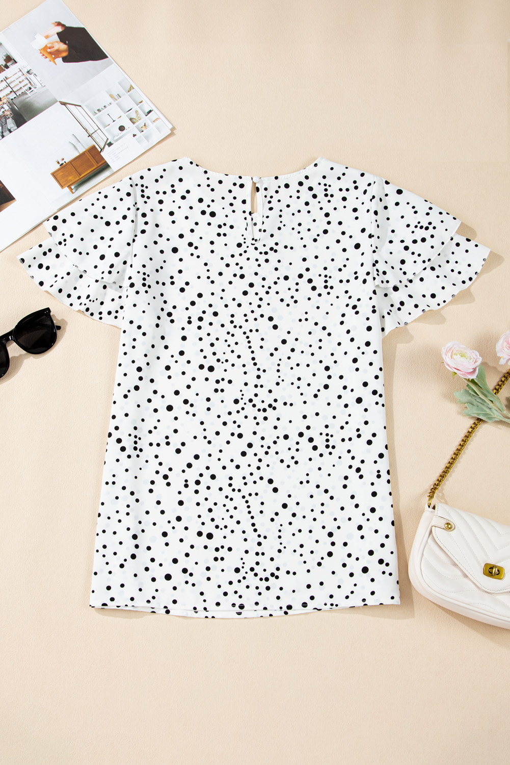 Women's White Dalmatian Print Layered Ruffled Short Sleeve Blouse - Detail View 9