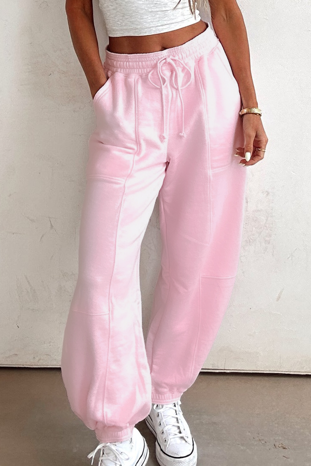 Women's Jogger Pants, Light Pink, Patchwork Design, Drawstring Waist, Casual Style, Comfortable Fit, Solid Color, Daily Wear, High Waist, Versatile Bottoms, Relaxed Fit, Fall Autumn Fashion, Trendy Pants - Detail View 8