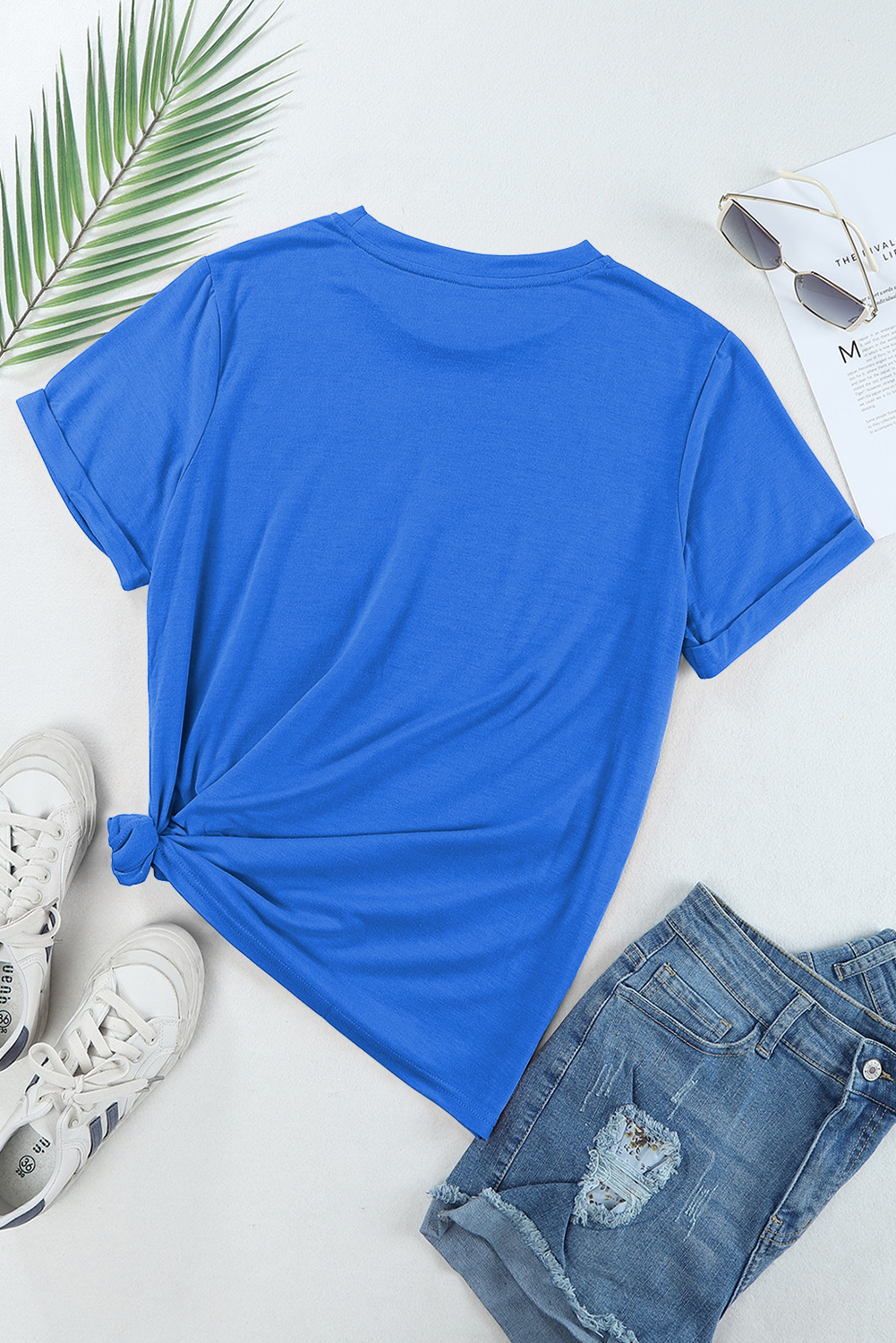 Women's Casual Dark Blue Cotton Blend Tee – Breathable Short Sleeve Round Neck Spring Top - Detail View 8
