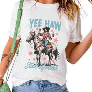 Women's White YEE HAW Graphic Tee - Trendy Cowgirl Western Fashion - Main View