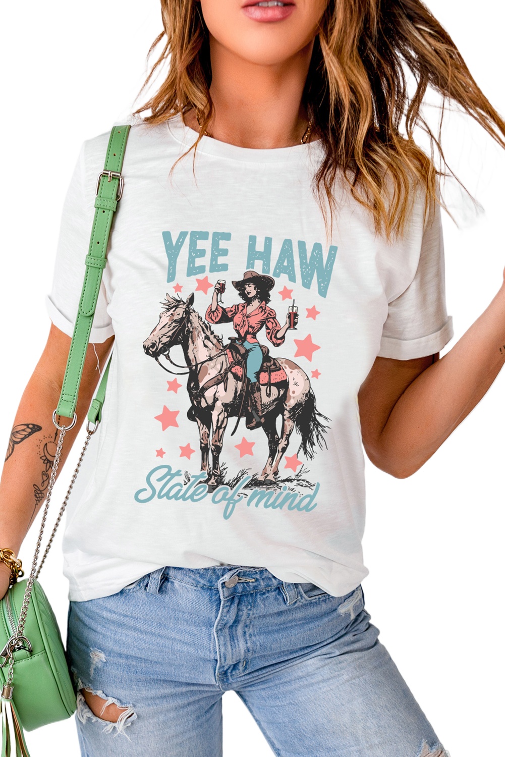 Women's White YEE HAW Graphic Tee - Trendy Cowgirl Western Fashion - Main View