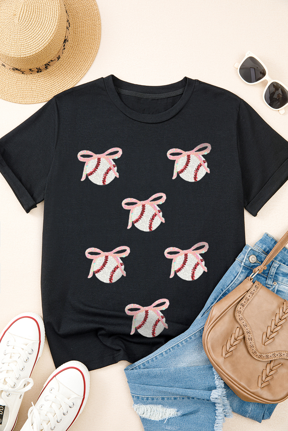 Stylish Graphic T-Shirt with Sequins and Bow Ball Design for Game Day - Detail View 2