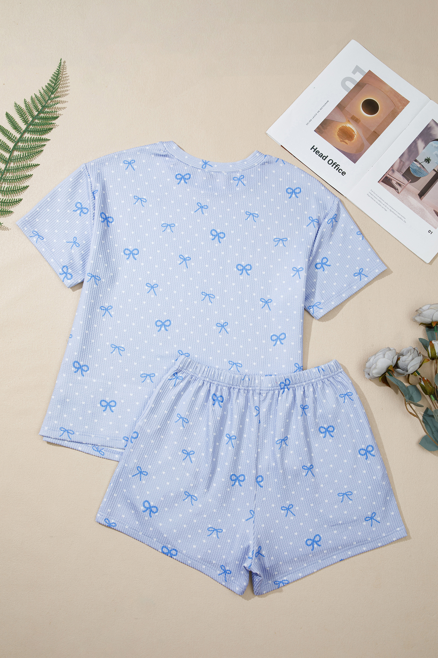 Casual Short Sleeve Ribbed Knit Set for Women - Sky Blue Heart Print Top and Shorts - Detail View 5