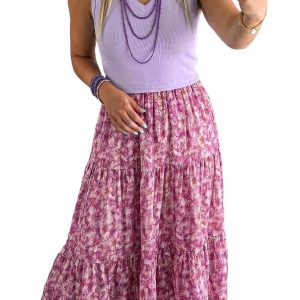 Women's Purple Floral Patchwork Maxi Dress – Ribbed V-Neck, Sleeveless Shift with Pockets - Main View