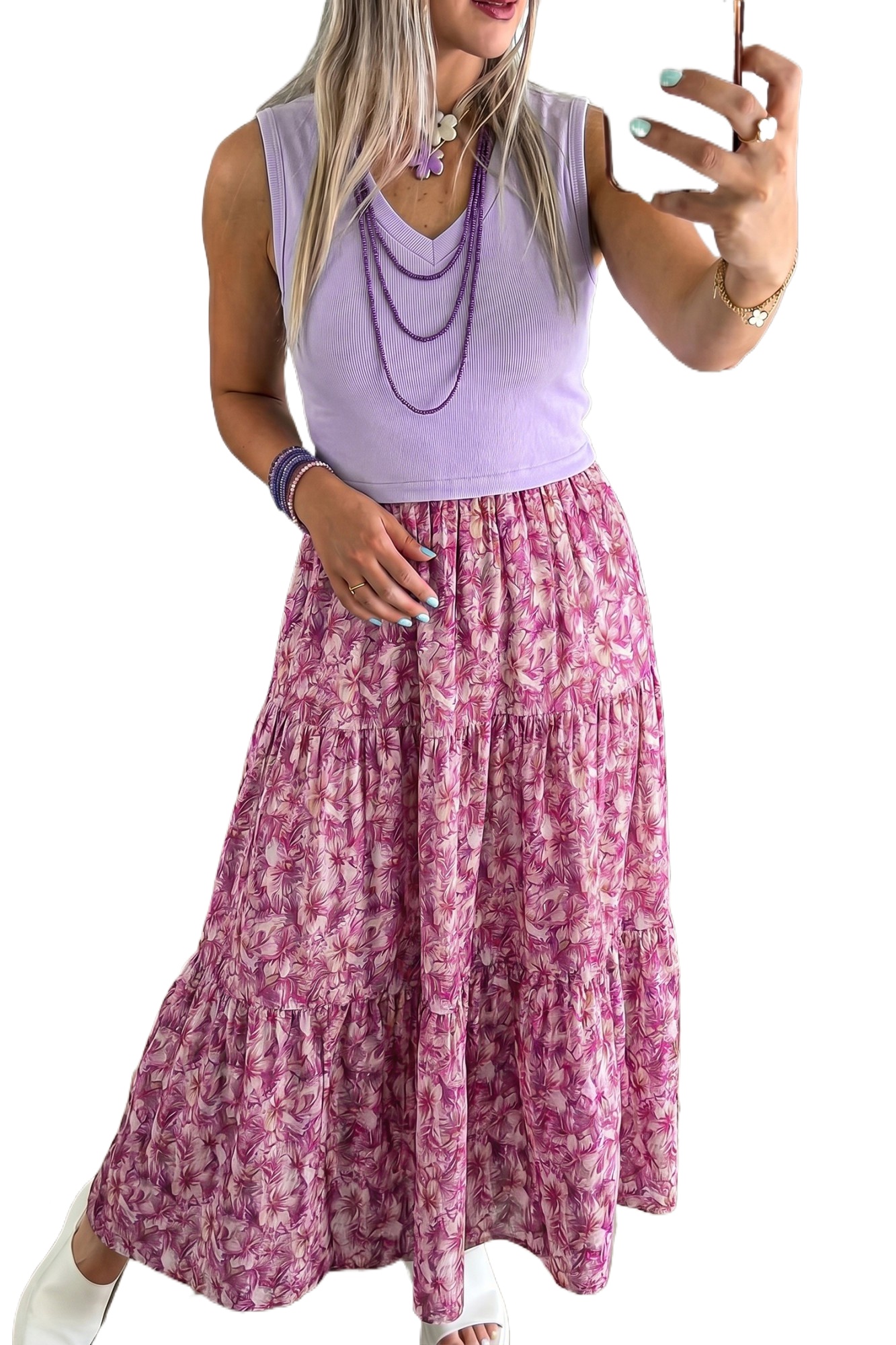 Women's Purple Floral Patchwork Maxi Dress – Ribbed V-Neck, Sleeveless Shift with Pockets - Main View