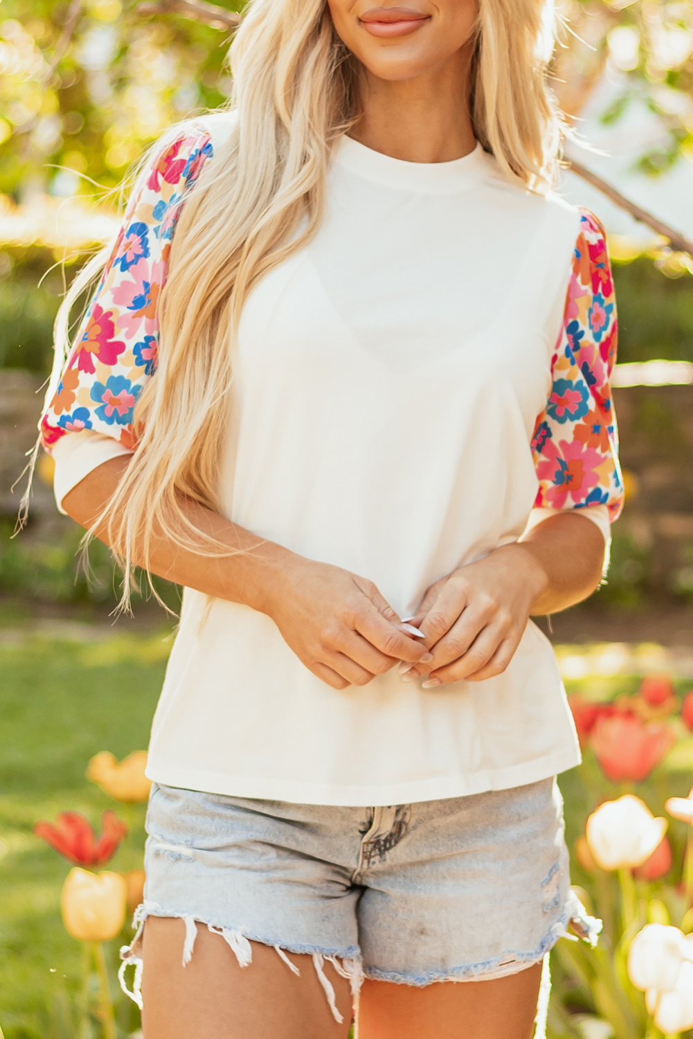 Chic Women's Beige Floral Puff Sleeve Patchwork Round Neck Top for Summer - Detail View 9