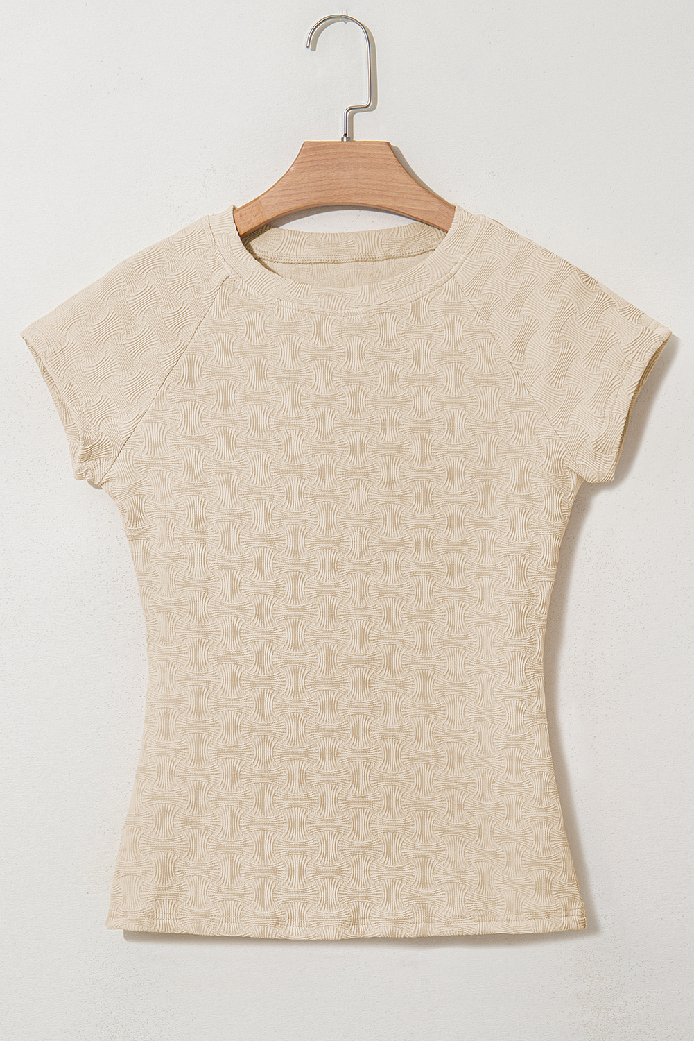 Women's T-Shirt, Beige, Textured, Crew Neck, Cap Sleeve, Slim Fit, Casual, Comfortable, Elastic Fabric, Breathable, Daily Wear, Solid Color, Stylish, Tops, Tops & Tees - Detail View 8