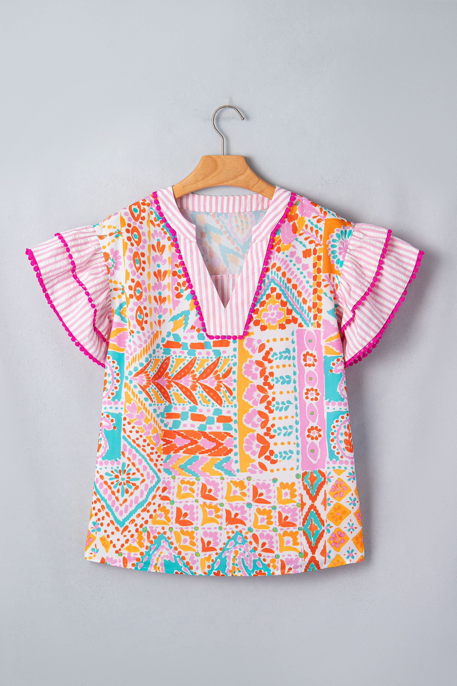 Boho Chic Patchwork Top for Women – Ruffle Sleeve Striped Blouse, Versatile Summer Daily Wear - Detail View 3