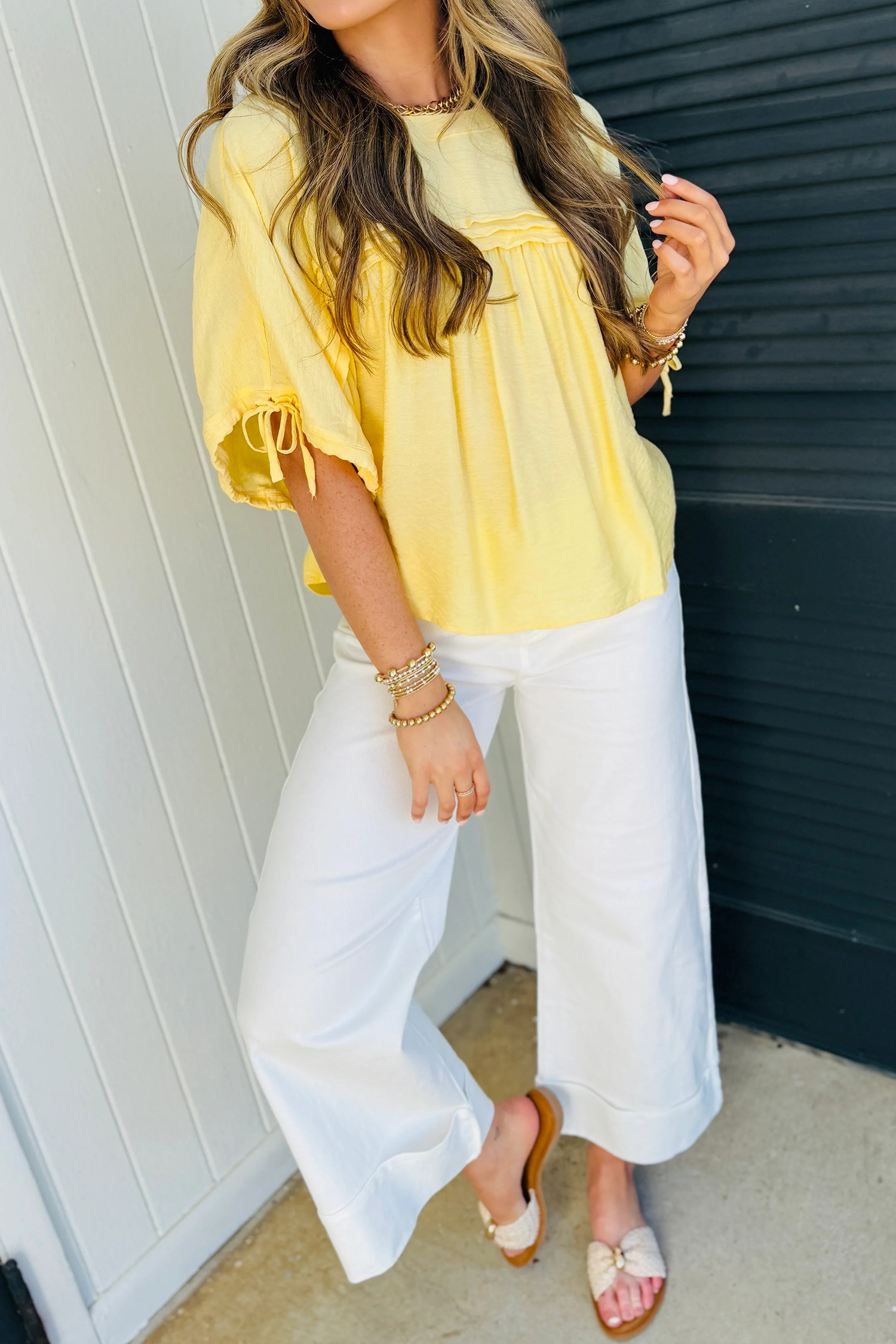 Chic Women's Solid Yellow Cream Blouse – Lightweight Pleated Casual Top, Stylish Gift for Her - Detail View 6