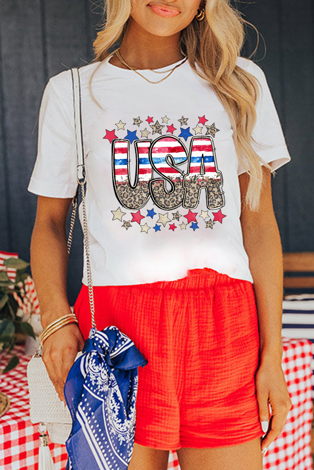 Comfortable Short Sleeve T-Shirt for Summer - Patriotic Star and Letter Print - Detail View 3