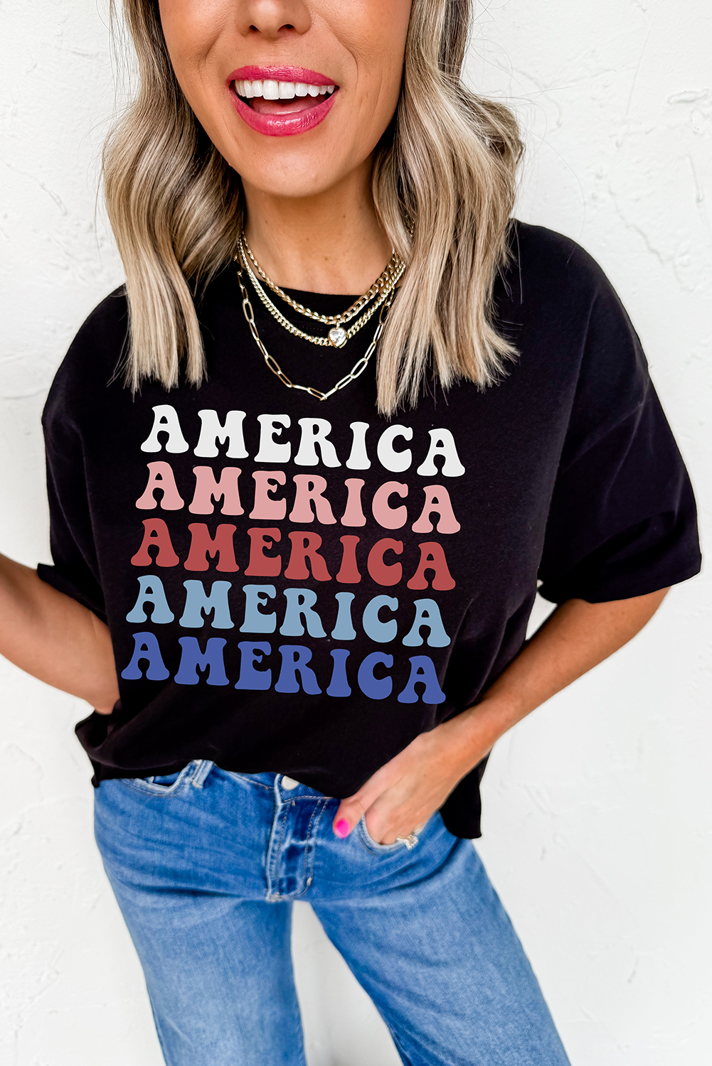 Women's Black Colorful AMERICA Print Crewneck Patriotic T-Shirt for Celebrating National Pride - Detail View 5
