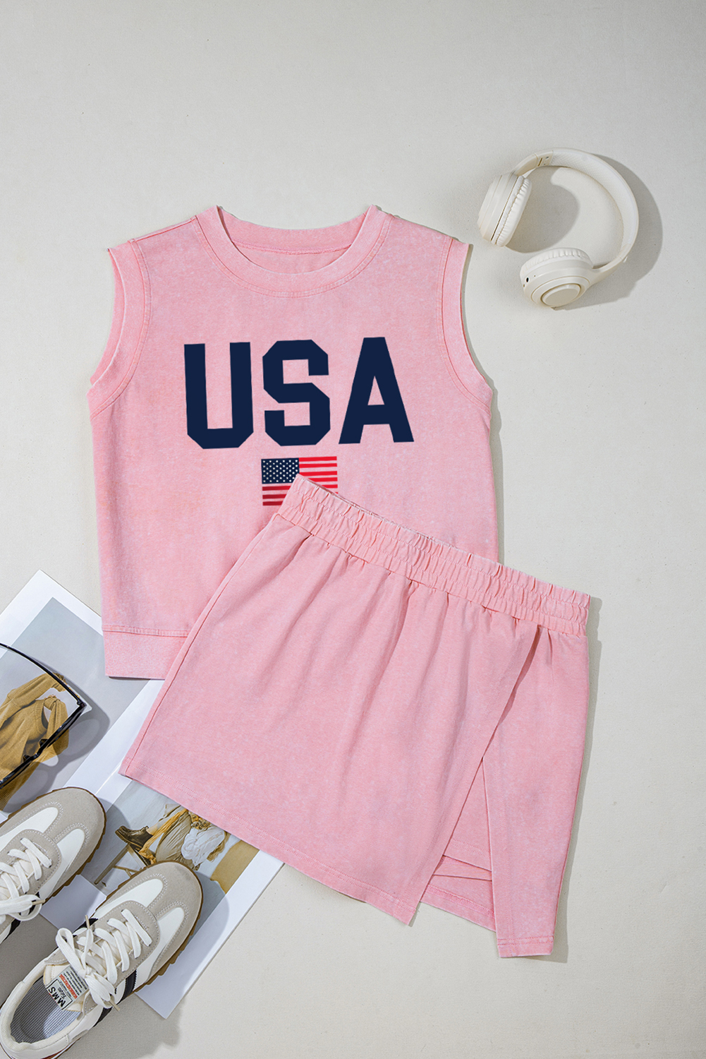 Women's Tank Top Set, Light Pink, USA Flag Graphic, Skort Set, Casual Outfit, Summer Fashion, Sleeveless, Patriotic Wear, High Waist Skort, Lightweight Fabric, Comfortable, Daily Wear, Graphic Sets - Detail View 8