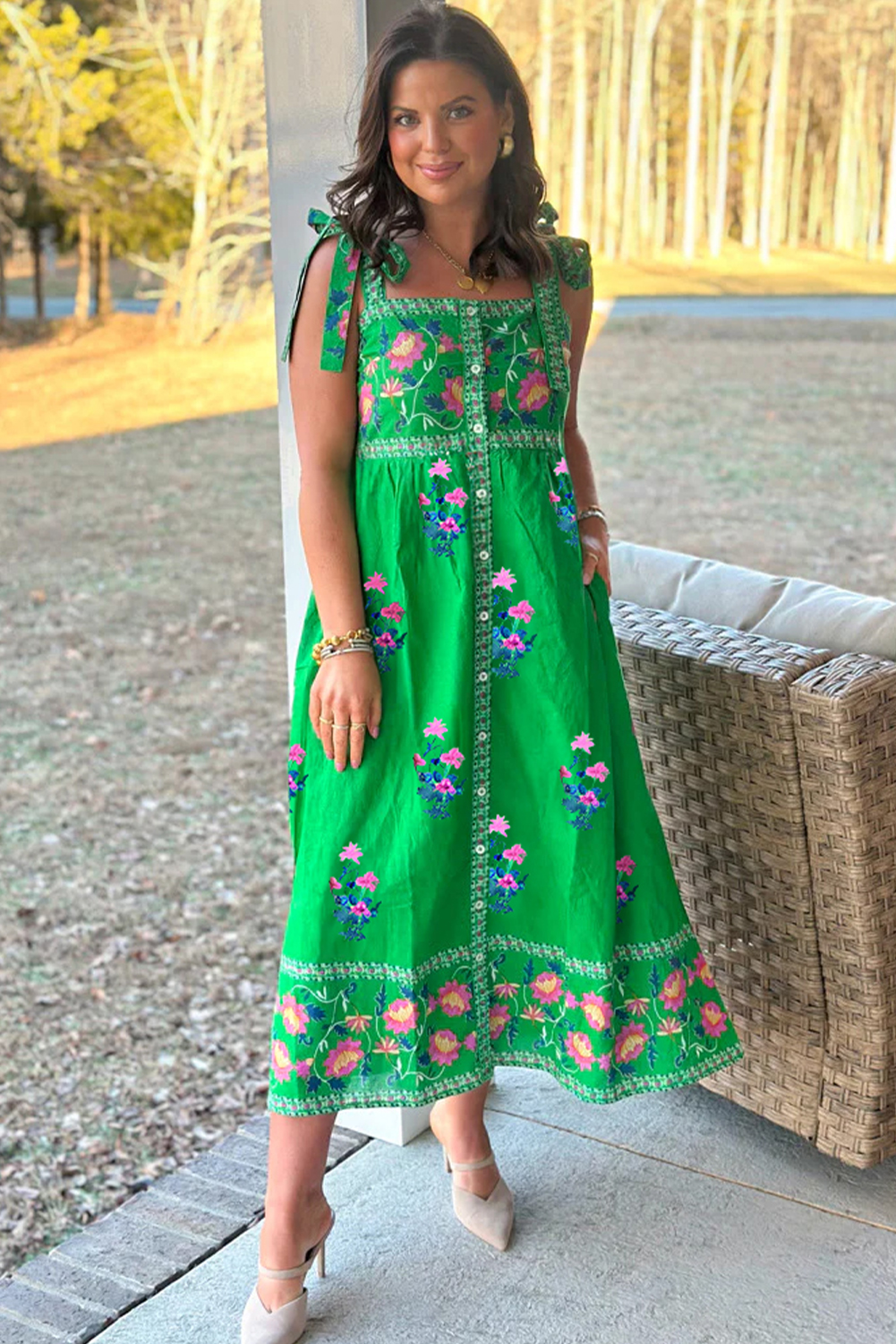 Charming Summer Midi Dress with Knotted Straps and Floral Print - Perfect for Vacation and Daily Wear - Detail View 3