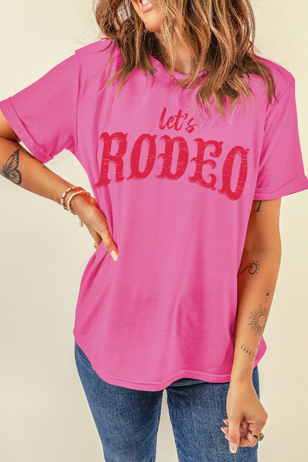 Women's Rose Red 'Let's Rodeo' Crew Neck Graphic Tee - Casual Short Sleeve T-Shirt - Detail View 5