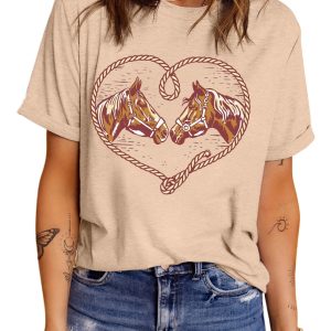 Women's Khaki Rodeo Horse Graphic Western Cowgirl T-Shirt - Casual Summer Tee - Main View