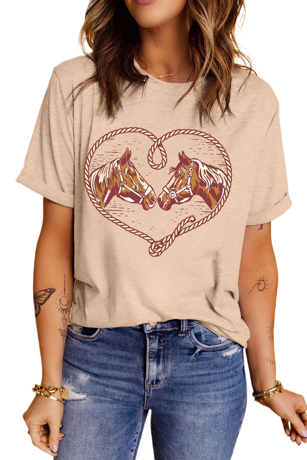 Women's Khaki Rodeo Horse Graphic Western Cowgirl T-Shirt - Casual Summer Tee - Main View