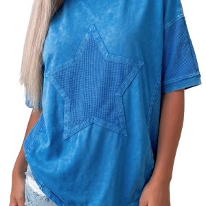 Women's Blue Mineral Wash Oversize Tee – Star Patchwork Short Sleeve Casual Top for Daily Wear - Main View