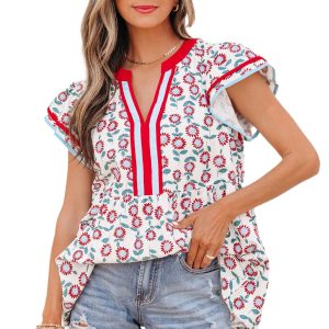 Women's Red Floral V-Neck Blouse – Contrast Trim Flutter Sleeve Top, Cotton Blend for Summer Daily Wear - Main View