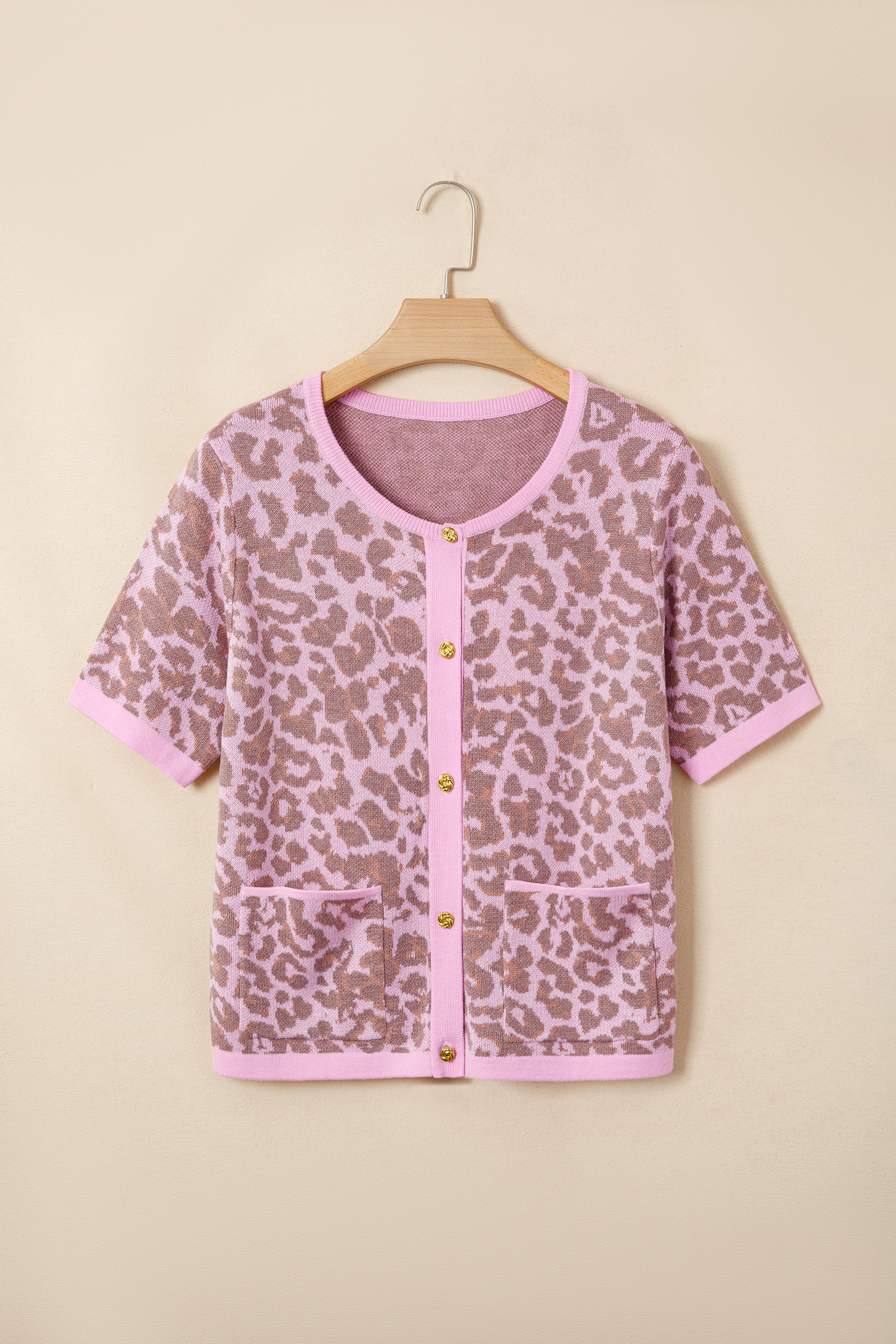 Western Style Leopard Print Short Sleeve Cardigan for Women – Pink Button Front Knit Sweater Top - Detail View 5