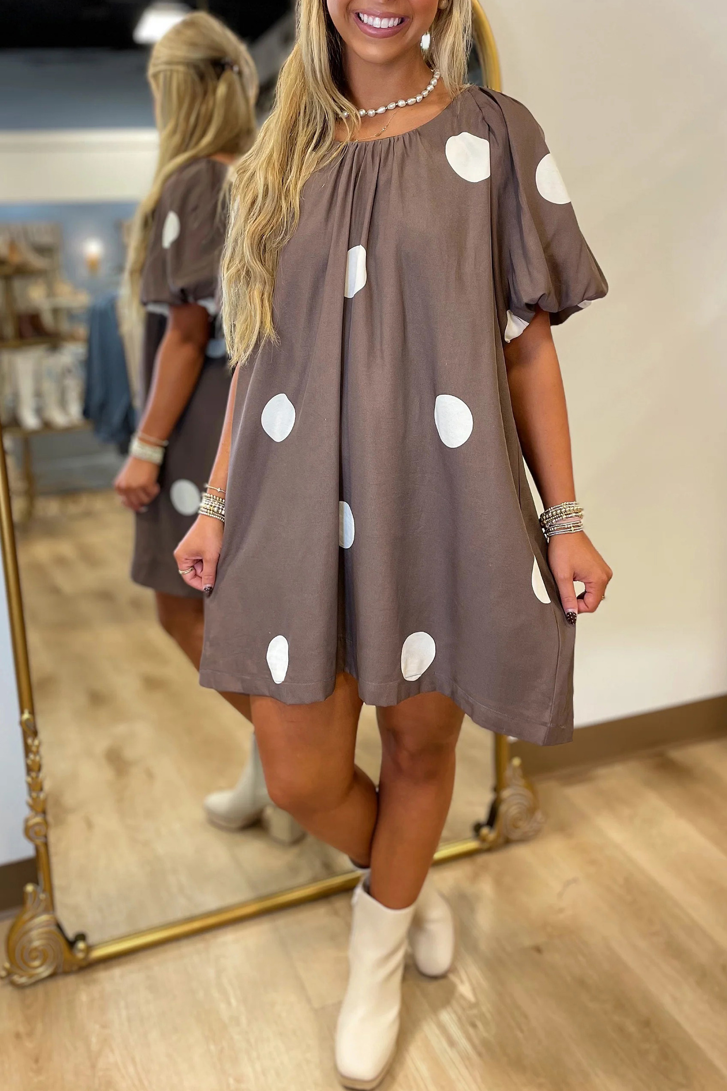 Chic Polka Dot Print Short Dress for Women – Short Puff Sleeve, Knot Back Detail, Loose Fit High Waist Summer Outfit - Detail View 5