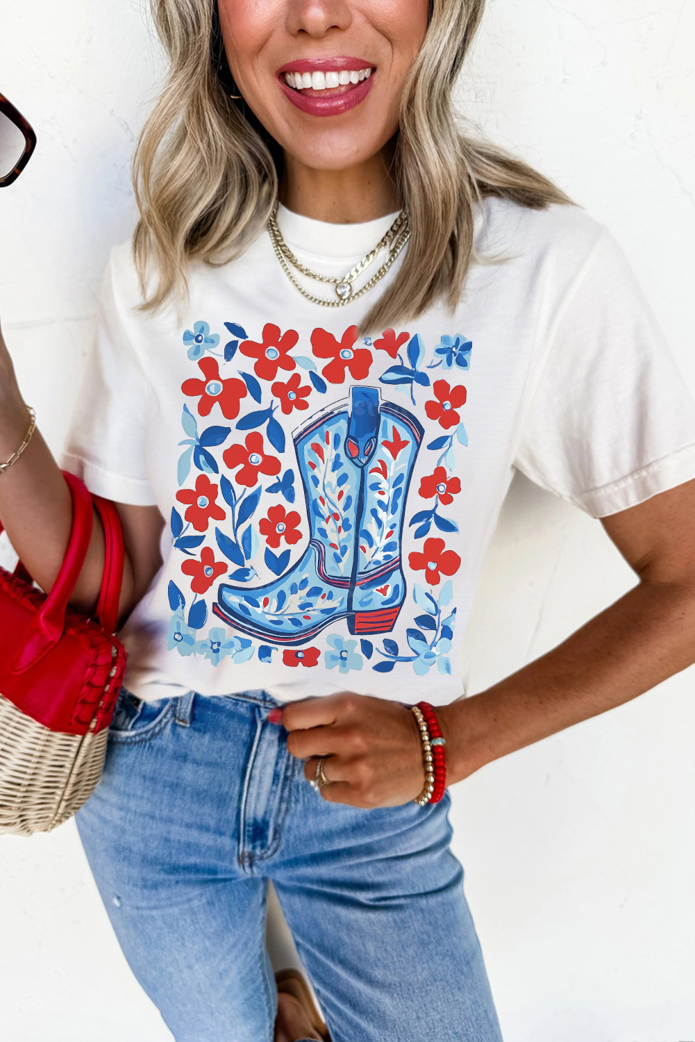 Trendy Floral and Western Boots Print Tee - Perfect for Summer Days - Detail View 2