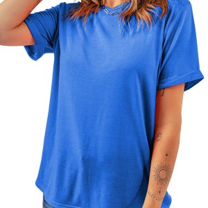 Women's Dark Blue Short Sleeve Crew Neck Tee – Casual Solid Round Neck Summer T-Shirt - Main View