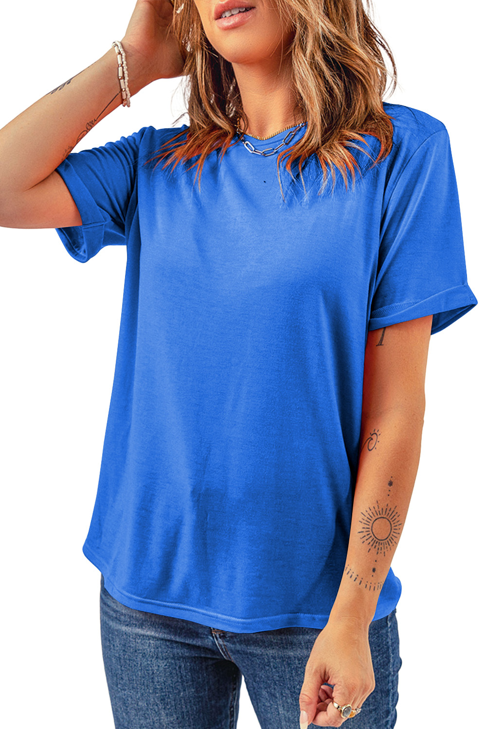 Women's Dark Blue Short Sleeve Crew Neck Tee – Casual Solid Round Neck Summer T-Shirt - Main View