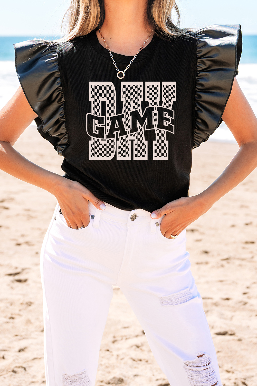 Casual Black Graphic Tee with Leatherette Ruffle Sleeves - Perfect for Game Day - Detail View 6