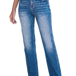 Women's High Waist Straight Leg Jeans – Acid Washed Full Length Denim for Daily Wear - Main View