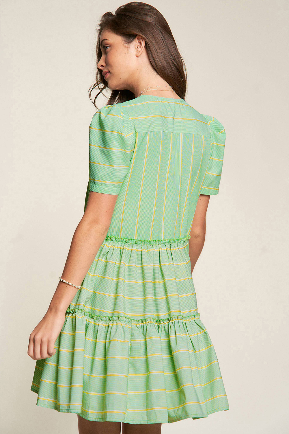 Elegant Summer Mini Dress: Green Striped V Neck with Frill Design - Detail View 2