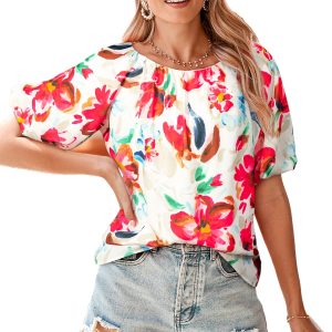 Women's White Floral Print Puffy Half Sleeve Blouse - Chic and Casual Style - Main View