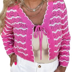 Women's Pink Stripe Crochet Scalloped Trim Cropped Cardigan with Lace-Up Front - Main View
