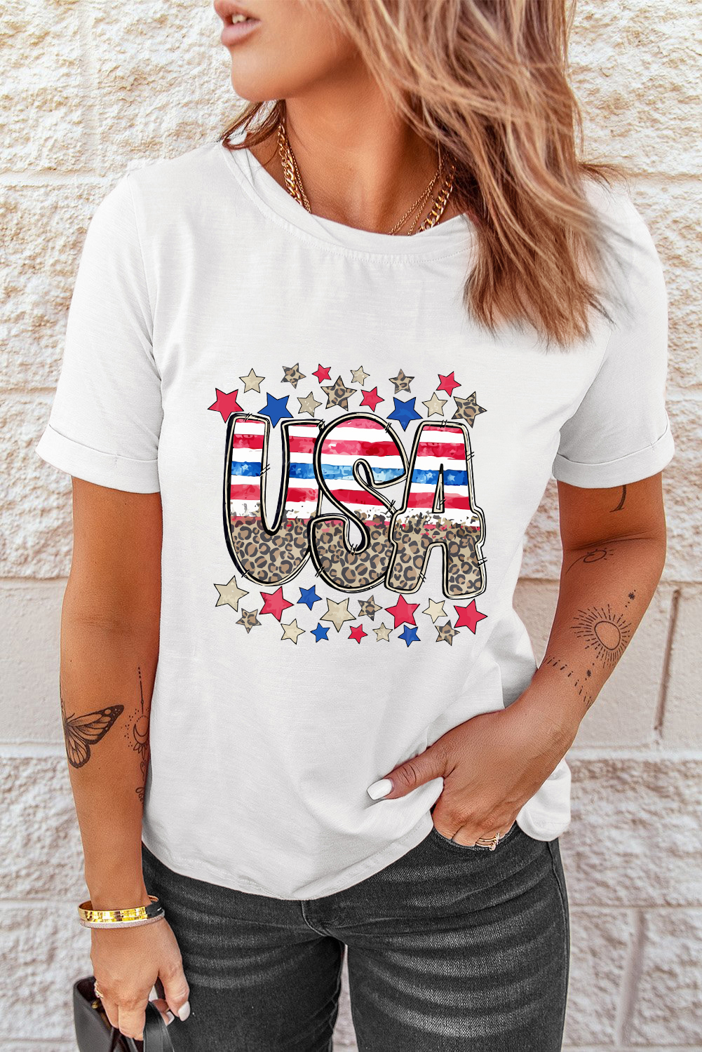 Trendy Casual White Tee with USA Graphic and Leopard Print Design - Detail View 6