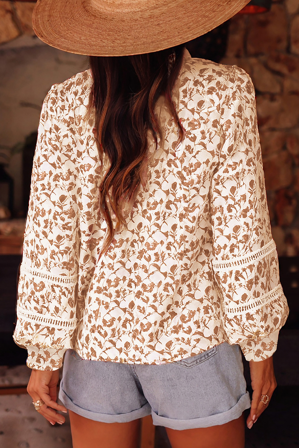 Elegant Fall Shirt for Women - Lace-Trimmed Khaki Floral Blouse - Detail View 2