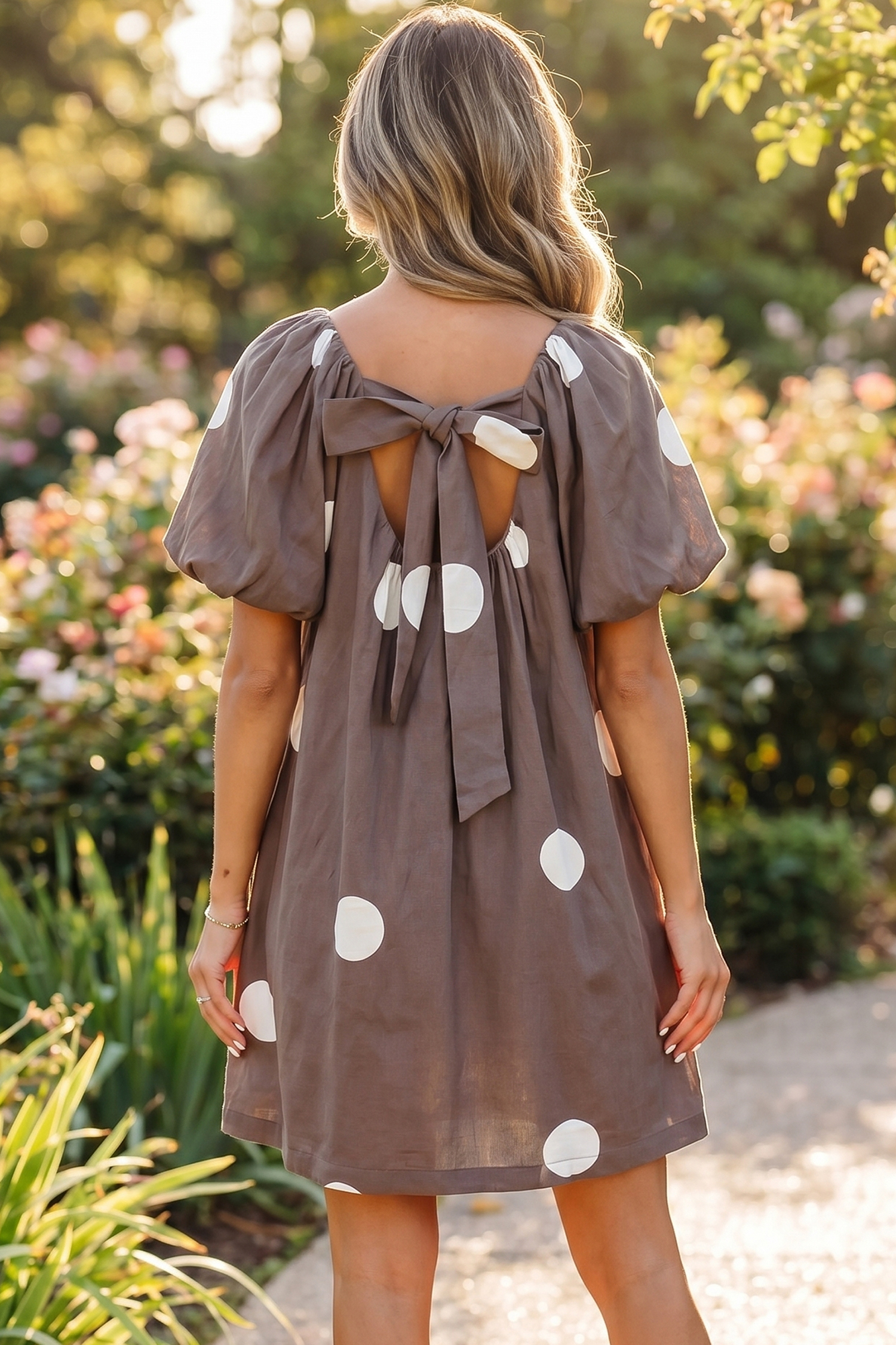 Chic Polka Dot Print Short Dress for Women – Short Puff Sleeve, Knot Back Detail, Loose Fit High Waist Summer Outfit - Detail View 2