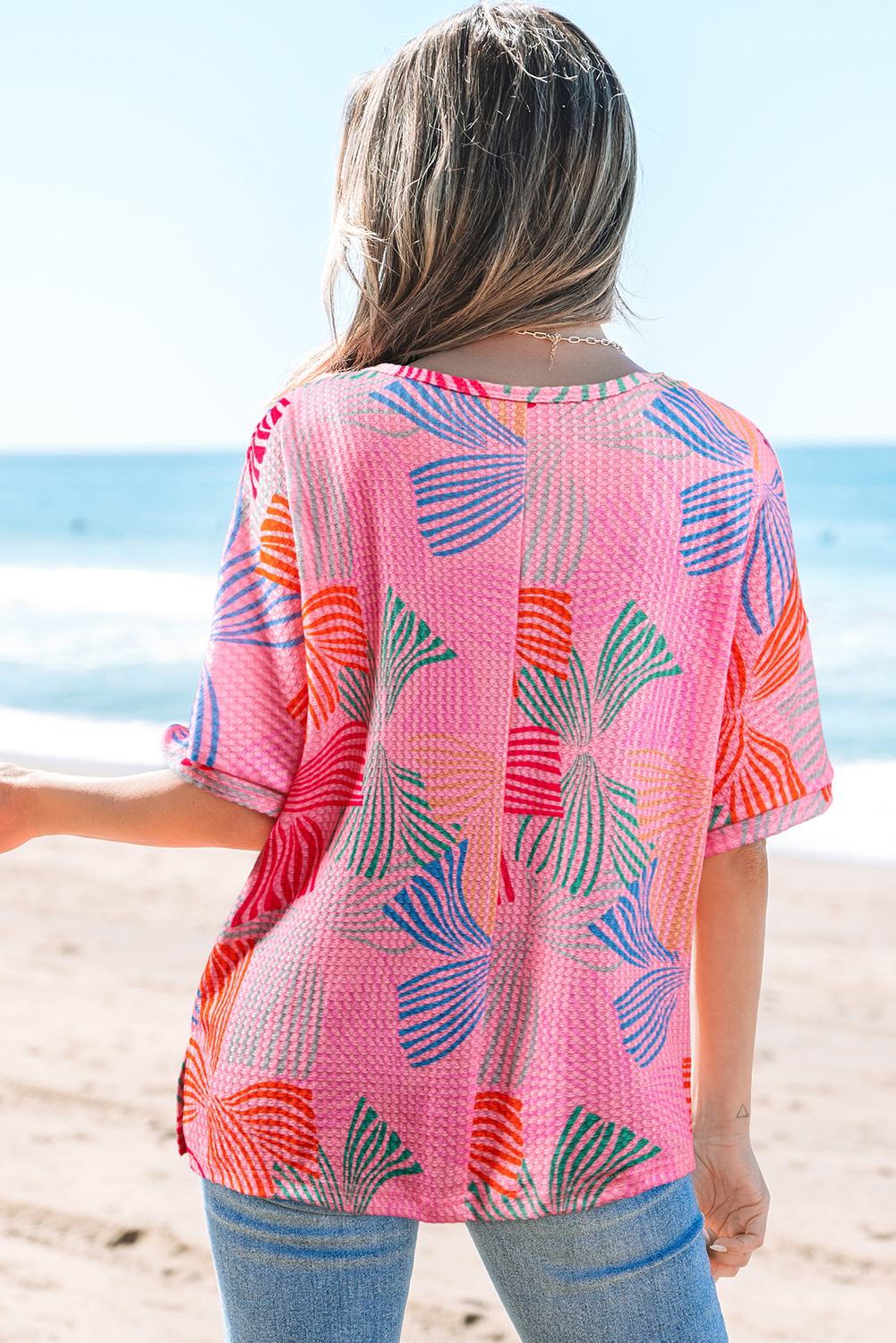 Stylish and Comfy Loose Fit Pink Waffle Knit T-Shirt with Bowknot Design - Detail View 2
