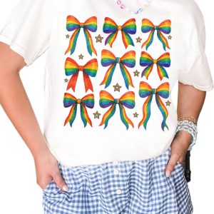 Women's White Pride Graphic T-Shirt with Bow and Starry Print - Casual Summer Tee - Main View