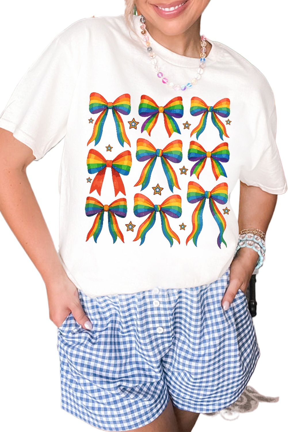 Women's White Pride Graphic T-Shirt with Bow and Starry Print - Casual Summer Tee - Main View