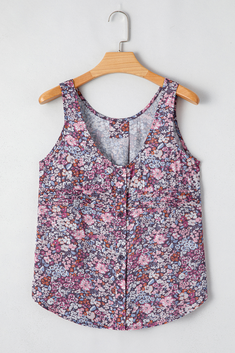 Chic Floral Print Sleeveless Tank Top with U Neck Design and Button Detail - Detail View 6
