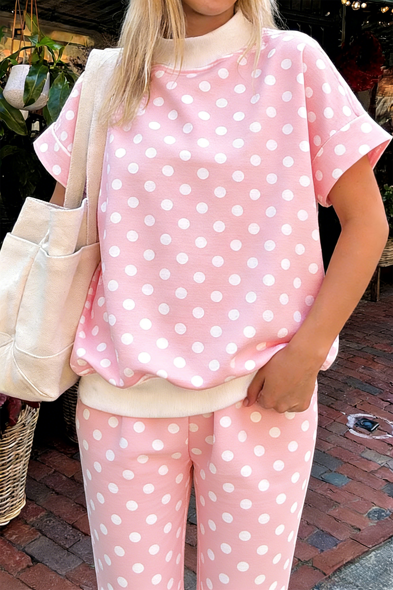 Chic Pink Polka Dot Matching Set for Women – Casual Short Sleeve Mock Neck Top and Shift Pant Co-ord - Detail View 3