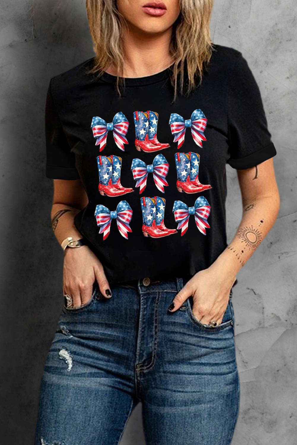 Women's Graphic Tee, Black T-Shirt, Patriotic Shirt, Cowgirl Boots Print, Stars and Stripes, Bowknot Detail, Casual Style, Summer Wear, Daily Wear, Comfortable Fabric, Round Neck, Short Sleeve, Western Print, Unique Design - Detail View 8